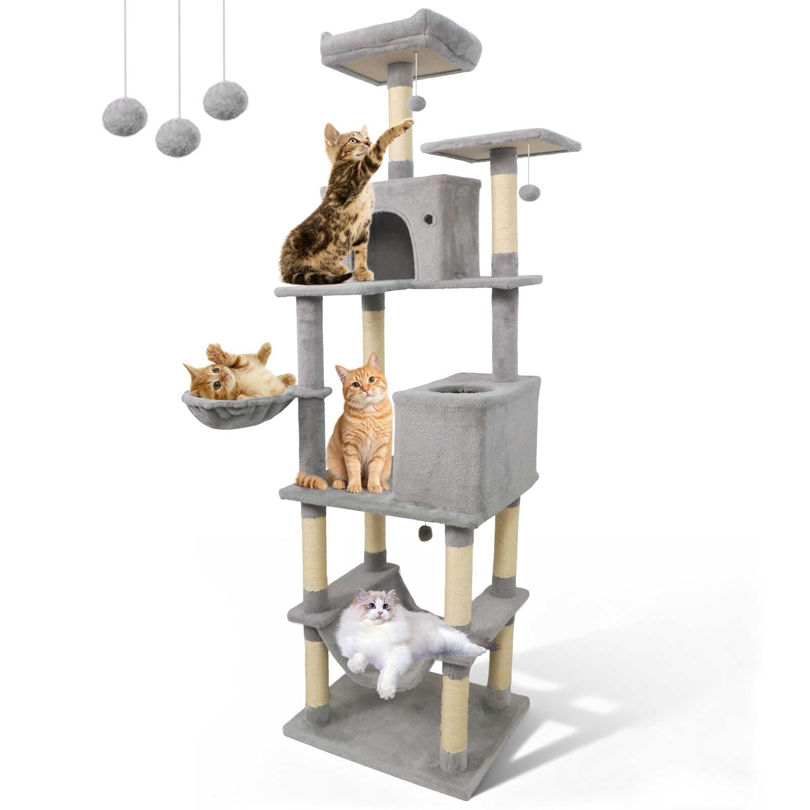 Arbre à chat Tangkula de 2 mètres de haut avec 2 cachettes, perchoir moelleux et jouets suspendus pour chats d'intérieur